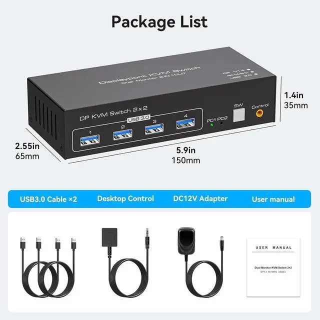 Alt view image 7 of 7 - Displayport KVM Switch 2 Monitors 2 Computers 4K@144Hz USB3.0 KVM Switch for 2 Computers Share Dual Displays and 4 USB Devices Support Extended/Copy Mode with Desktop Controller