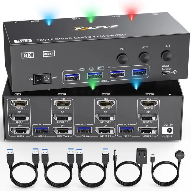 Main image of 8K KVM Switch 3 Monitors 3 Computers HDMI + DisplayPort,  USB 3.0 DP KVM Switcher, 8K@30Hz/4k@144Hz Triple Monitor DP KVM for 3 PC Share 3 Display and 4 USB 3.0 Devices