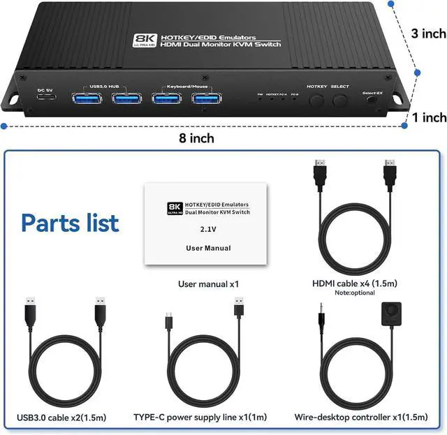 Alt view image 7 of 7 - Ennovor Kvm Switch 2 Monitors 2 Computers HDMI 2.1 edid Emulator 4k 144hz Hotkey Switching Dual Monitor kvm Switches hdmi edid 1440P 120hz 144hz 165hz 240hz 2 Computer 2 Monitor Switch HDMI2.1