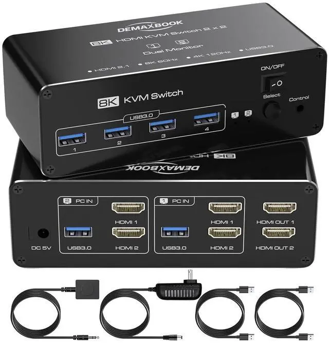Main image of Ennovor DEMEXBOOK 8K HDMI KVM Switch 2 Monitors 2 Computers, Dual Monitor KVM Switch with 4 USB 3.0 Ports, Supports 8K@60Hz 4K@120Hz, Extended/Copy Mode, Includes Remote & 2 USB Cables