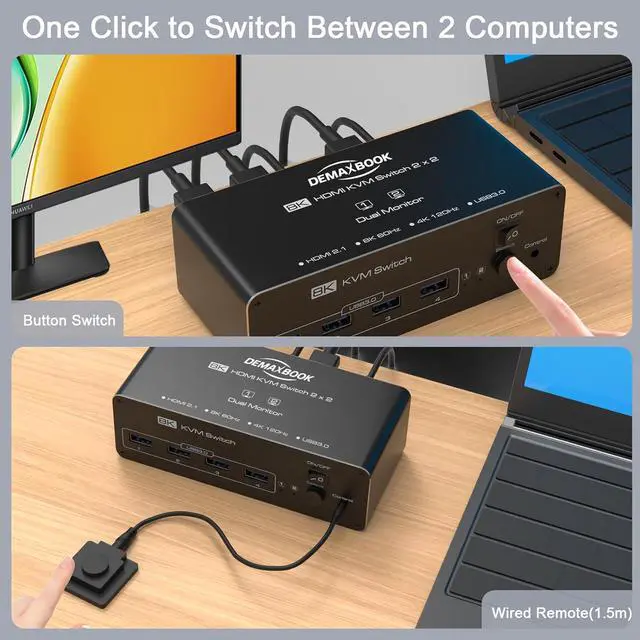 Alt view image 6 of 7 - Ennovor DEMEXBOOK 8K HDMI KVM Switch 2 Monitors 2 Computers, Dual Monitor KVM Switch with 4 USB 3.0 Ports, Supports 8K@60Hz 4K@120Hz, Extended/Copy Mode, Includes Remote & 2 USB Cables