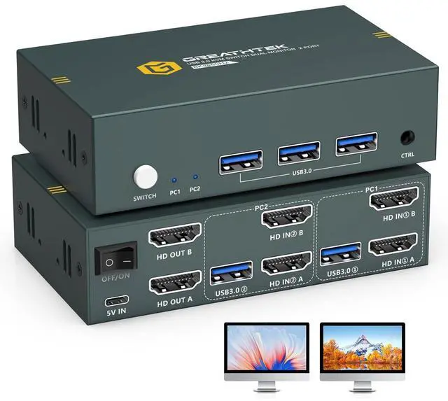 Main image of 8K USB3.0 HDMI KVM Switch 2 Computers 2 Monitors, 2 Ports Dual Monitors Switcher for 2 PC Or 2 Laptops Share Keyboard & Mouse, 8K@60HZ, 4K@120Hz, with EDID