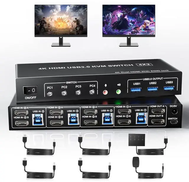 Main image of Ennovor Yeemie Pro USB 3.0 HDMI Dual Monitors 4 Computers KVM Switch, Supports EDID, 4K@60Hz HDMI Dual Monitor Switch for 4 PCs with 3 USB3.0 and Audio Microphone Ports, 4 Port HDMI KVM Switch for 4PC
