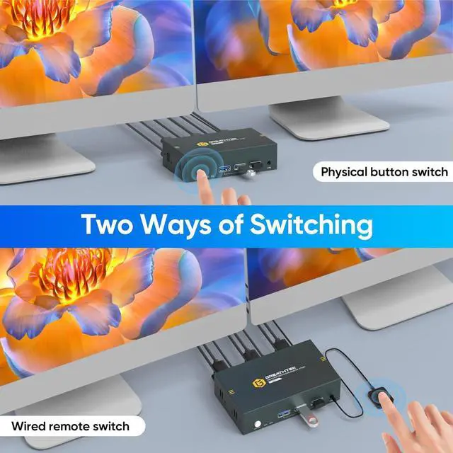 Alt view image 6 of 7 - 8K USB3.0 HDMI KVM Switch 2 Computers 2 Monitors, 2 Ports Dual Monitors Switcher for 2 PC Or 2 Laptops Share Keyboard & Mouse, 8K@60HZ, 4K@120Hz, with EDID