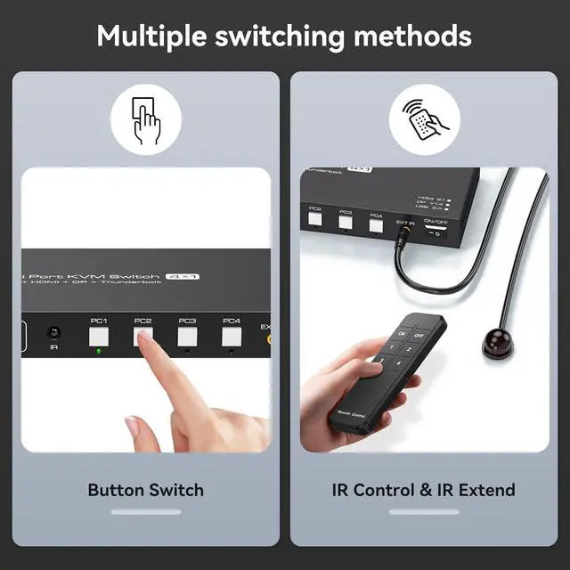 Alt view image 6 of 7 - Ennovor 2 HDMI + Displayport KVM Switch Thunderbolt4 KVM Switches 1 Monitors 4 Computers 4K@144Hz for 4 PC Share 1 Monitor and Keyboard Mouse Printer U Disk Support Extend IR Control and IR Control