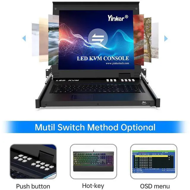 Alt view image 5 of 6 - Ennovor LCD KVM Switch VGA, 17'' LCD Monitor Rack Mount KVM Console 8 Port for 1U 19'' Rack Cabinet, Support Hotkey + OSD Menu, Integrated with US Keyboard + Touchpad + KVM Cables