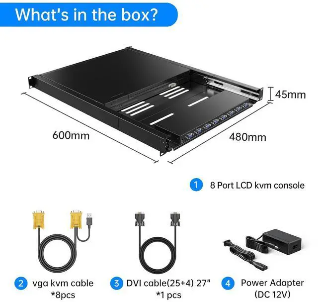 Alt view image 6 of 6 - Ennovor LCD KVM Switch VGA, 17'' LCD Monitor Rack Mount KVM Console 8 Port for 1U 19'' Rack Cabinet, Support Hotkey + OSD Menu, Integrated with US Keyboard + Touchpad + KVM Cables