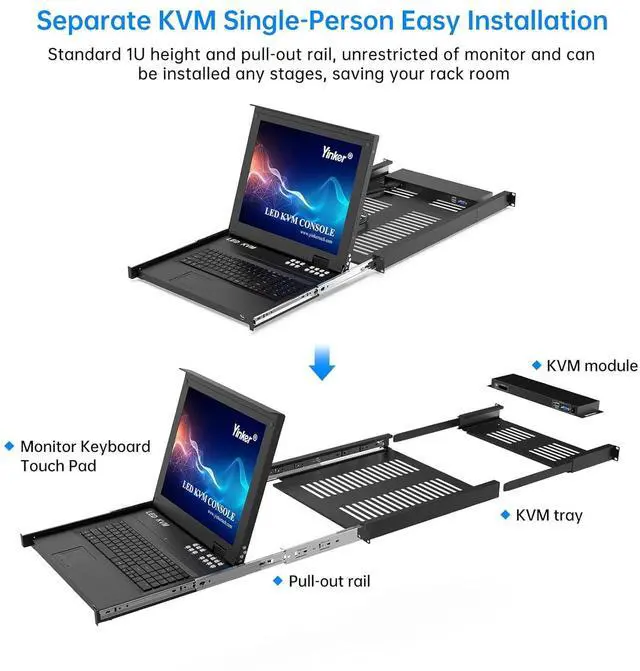 Alt view image 4 of 6 - Ennovor LCD KVM Switch VGA, 17'' LCD Monitor Rack Mount KVM Console 8 Port for 1U 19'' Rack Cabinet, Support Hotkey + OSD Menu, Integrated with US Keyboard + Touchpad + KVM Cables