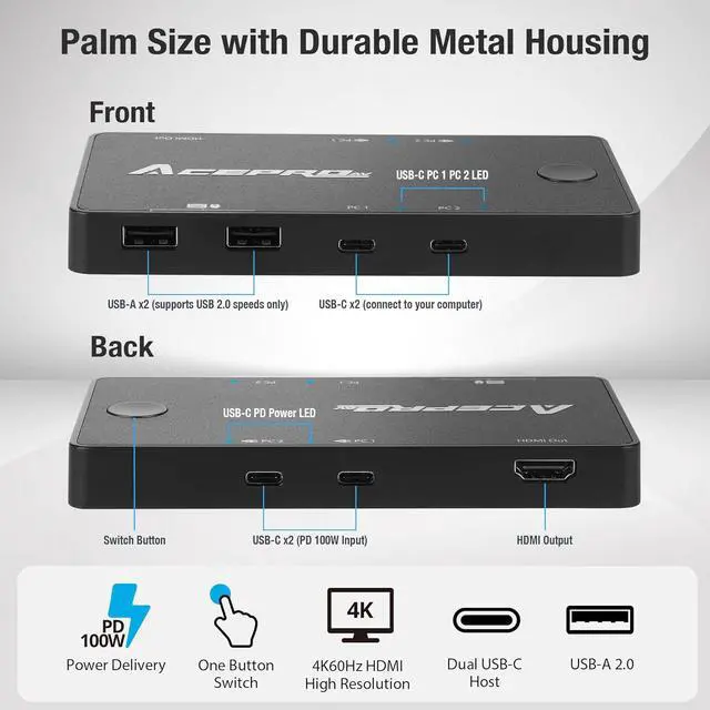 Alt view image 6 of 7 - Ennovor 2x1 USB-C 4K60Hz KVM Switch with PD Pass-Through - Selector for 2 Computers Sharing 4K Monitor Keyboard Mouse - Includes 2 USB-C Cables for PD 100W Fast Charging - TAA Compliant