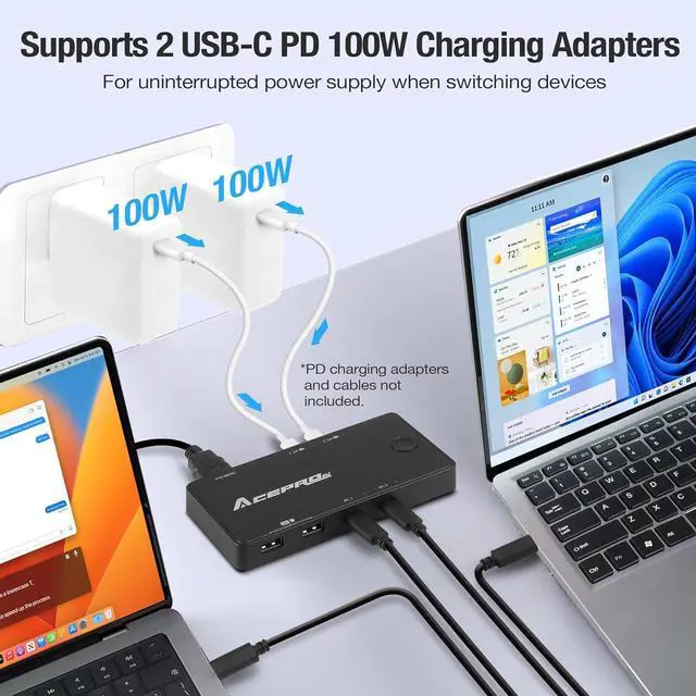 Alt view image 2 of 7 - Ennovor 2x1 USB-C 4K60Hz KVM Switch with PD Pass-Through - Selector for 2 Computers Sharing 4K Monitor Keyboard Mouse - Includes 2 USB-C Cables for PD 100W Fast Charging - TAA Compliant