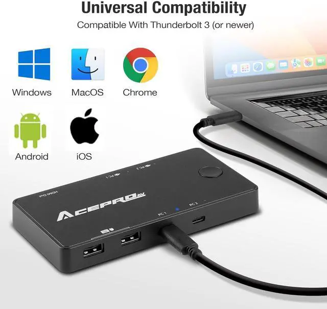 Alt view image 7 of 7 - Ennovor 2x1 USB-C 4K60Hz KVM Switch with PD Pass-Through - Selector for 2 Computers Sharing 4K Monitor Keyboard Mouse - Includes 2 USB-C Cables for PD 100W Fast Charging - TAA Compliant