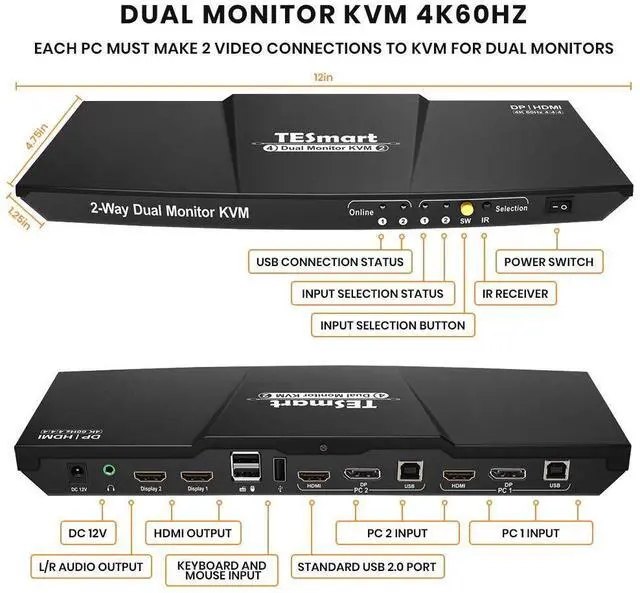 Alt view image 4 of 5 - Ennovor 2-Port Dual Monitor KVM  HDMI + DisplayPort  4K 60HZ  QHD 144HZ  Audio Output & USB Sharing  Multimedia & Gaming Keyboard Supported  HDK0402A1U (Red) (Red), HDMI+DP