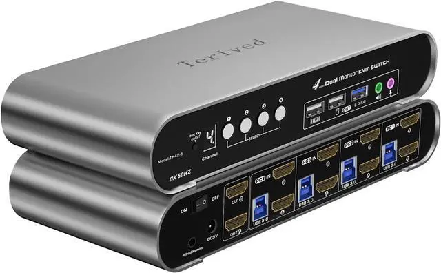 Main image of Ennovor 4 Computers 2 HDMI Monitor Automatic KVM Switch 8K@60Hz, Hotkey Switching, EDID, with Audio and Microphone, Aluminum Shell with Digital Display, USB 3.0 Hub, HDR10 with Cables