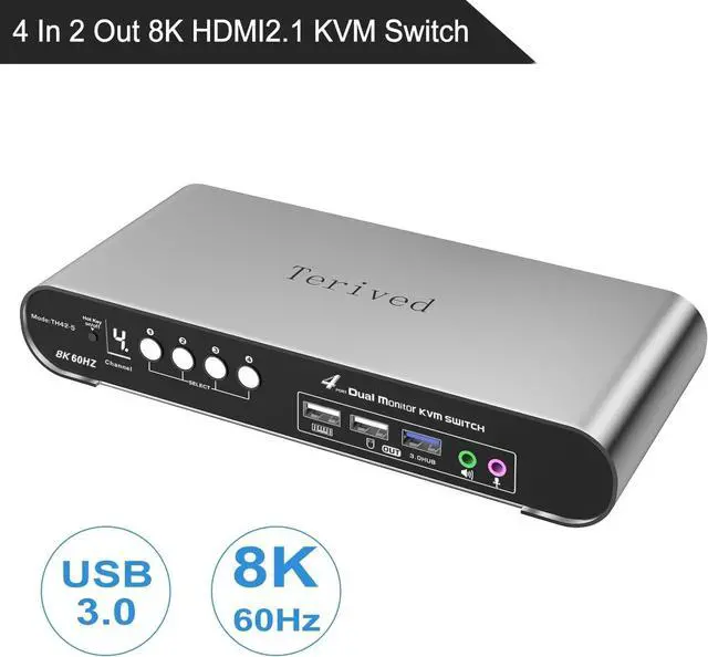 Alt view image 2 of 7 - Ennovor 4 Computers 2 HDMI Monitor Automatic KVM Switch 8K@60Hz, Hotkey Switching, EDID, with Audio and Microphone, Aluminum Shell with Digital Display, USB 3.0 Hub, HDR10 with Cables