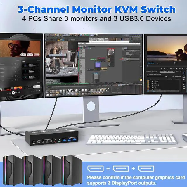 Alt view image 2 of 7 - 8K@60Hz DisplayPort 3 Monitors 4 Computers KVM Switch, DP 1.4 KVM Switch 4K@144Hz Triple Monitor for 4 Computer with Audio and 3 USB 3.0 Ports, KVM Triple Monitor Keyboard Mouse Switcher
