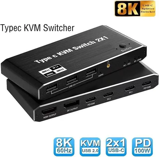 Alt view image 2 of 2 - Ennovor HDMI 2.1 8K 2x1 Thunderbolt 4 USB C KVM Switch 100W PD Charge 4K 144Hz Type C KVM Switch Switcher for 2 Laptop M*ac*Book 1 Monitor