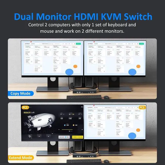 Alt view image 3 of 7 - Ennovor 4K@60Hz Dual Monitor KVM Switch 2 Ports, 2 Computers Share 2 Monitors, 4 USB 2.0 Hub, Hotkey Buttons, EDID (HDMI & USB Cables Included)