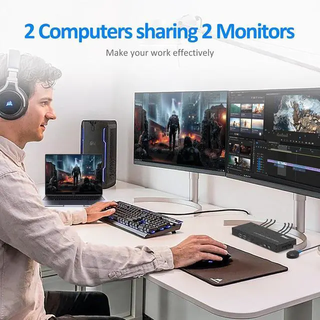 Alt view image 5 of 7 - Ennovor 4K@60Hz Dual Monitor KVM Switch 2 Ports, 2 Computers Share 2 Monitors, 4 USB 2.0 Hub, Hotkey Buttons, EDID (HDMI & USB Cables Included)