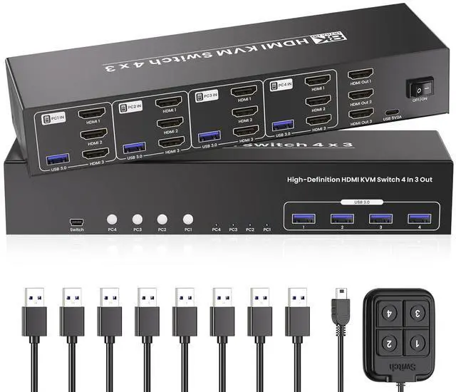 Main image of Ennovor USB 3.0 HDMI KVM Switch 3 Monitors 4 Computers with 4 Port USB 3.0 Hub, 8K@60HZ 4K@120Hz 4 Port HDMI KVM Switch for 4 PCs Share 1 Set of Keyboard, Mouse and 3 Monitors