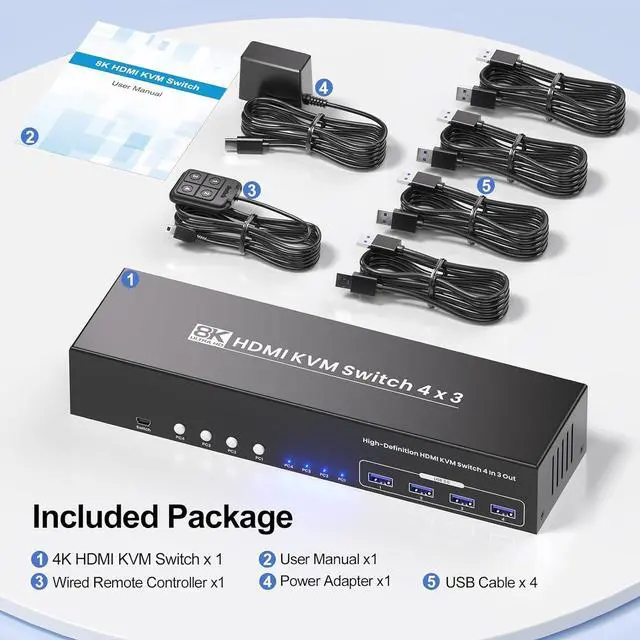 Alt view image 7 of 7 - Ennovor USB 3.0 HDMI KVM Switch 3 Monitors 4 Computers with 4 Port USB 3.0 Hub, 8K@60HZ 4K@120Hz 4 Port HDMI KVM Switch for 4 PCs Share 1 Set of Keyboard, Mouse and 3 Monitors