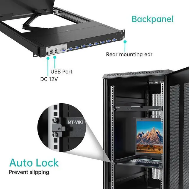 Alt view image 3 of 7 - Ennovor MT-VIKI Rack KVM Switch w/ 19'' LCD Monitor, Rackmount KVM Monitor Console Drawer+Keyboard+Touchpad+8 VGA Cable, Support OSD/Hotkey/Button Switch, 1280X1024@60H