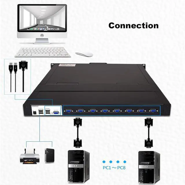 Alt view image 6 of 7 - Ennovor MT-VIKI Rack KVM Switch w/ 19'' LCD Monitor, Rackmount KVM Monitor Console Drawer+Keyboard+Touchpad+8 VGA Cable, Support OSD/Hotkey/Button Switch, 1280X1024@60H