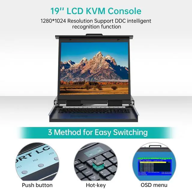 Alt view image 4 of 7 - Ennovor MT-VIKI Rack KVM Switch w/ 19'' LCD Monitor, Rackmount KVM Monitor Console Drawer+Keyboard+Touchpad+8 VGA Cable, Support OSD/Hotkey/Button Switch, 1280X1024@60H