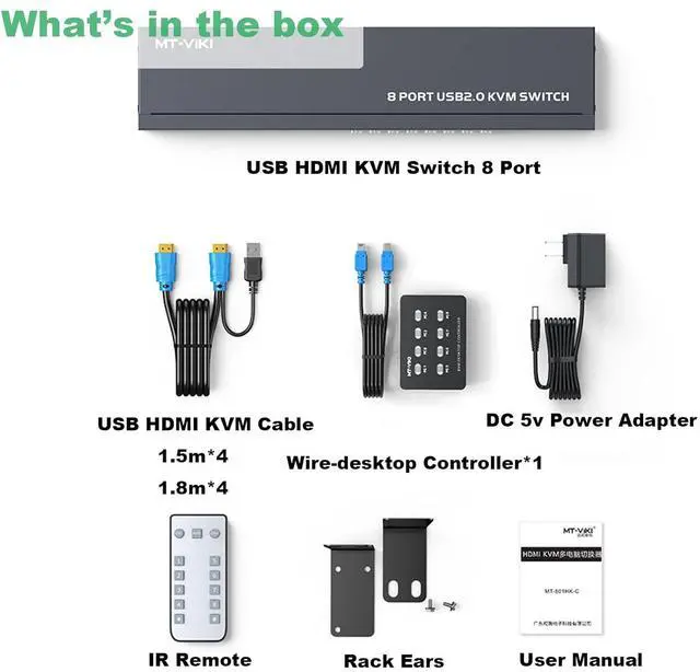 Alt view image 6 of 7 - Ennovor KVM Switch HDMI 8 Port, MT-VIKI 4K@30Hz USB HDMI KVM Switch 8 in 1 Out w/KVM Cables, 4 USB 2.0 Hubs Desktop Selector IR Remote & Rack Ears