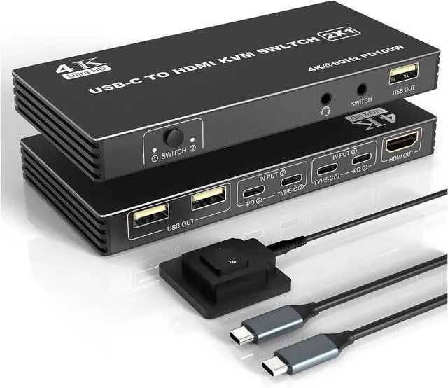 Alt view image 2 of 2 - Ennovor USB C KVM Switch 2 in 1 Out 4K Type-C in HDMI Out KVM Switch 2x1 with Desktop Controller for 2 PC Share Keyboard Mouse Monitor