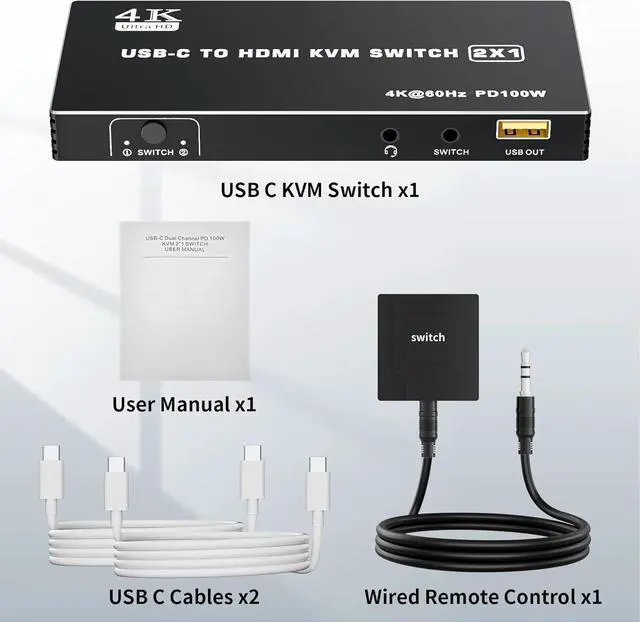 Alt view image 3 of 3 - Ennovor USB-C to HDMI KVM Switcher 2X1HDMI 2.0 4K@60Hz Video Dual Port Type-C KVM Switch with PD Charging for 2 Computer