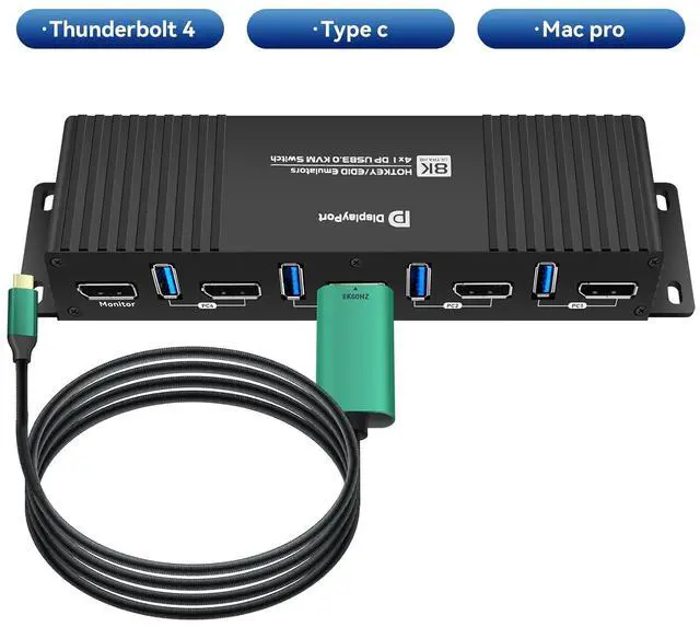 Alt view image 3 of 6 - Kvm Switch Displayport EDID 1 Monitors 4 Computers 4K 144Hz Hotkey Switching dp Switch 1 Monitors dp 1.4 1440P 144Hz 165Hz 240hz kvm Switches displayport EDID