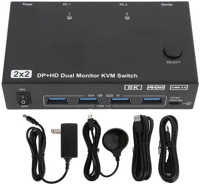 Main image of Ennovor USB KVM Switch Hub, 2 Screen 2 Computers Sharing 4USB 3.0 Ports 4K at. 120Hz HD Multimedia Interface KVM Switcher Supports Display Port (US Plug)