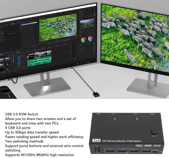 Alt view image 3 of 7 - Ennovor USB KVM Switch Hub, 2 Screen 2 Computers Sharing 4USB 3.0 Ports 4K at. 120Hz HD Multimedia Interface KVM Switcher Supports Display Port (US Plug)