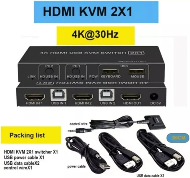 Alt view image 2 of 3 - HDMI 2.1 KVM Switch 4K 120Hz USB Dual Port Switcher 2X1 60Hz 8K(4K 60Hz No Hotkey)