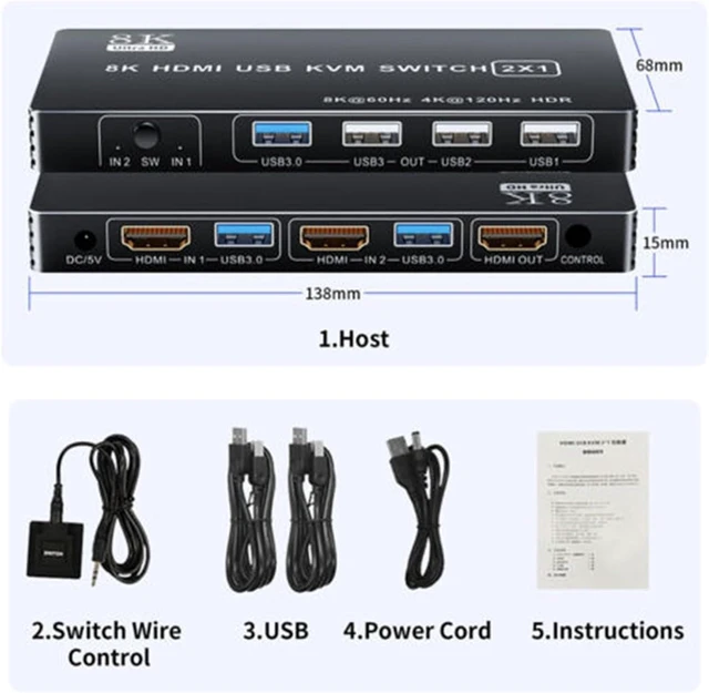 Alt view image 3 of 3 - HDMI 2.1 KVM Switch 4K 120Hz USB Dual Port Switcher 2X1 60Hz 8K(4K 60Hz No Hotkey)