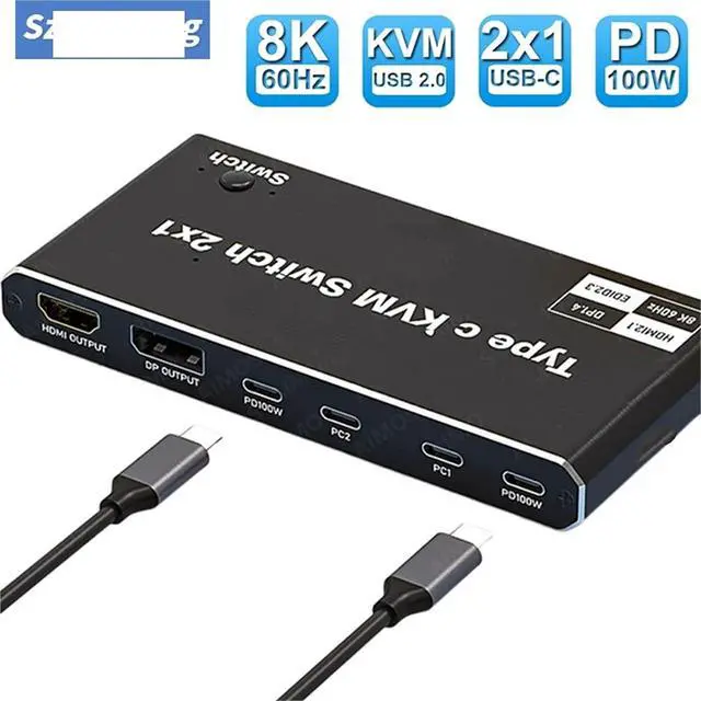 Alt view image 2 of 2 - Ennovor 2x1 8K Thunderbolt 3 USB C KVM Switch 100W PD Charger 8K 60Hz Type C KVM Switch Switcher for 2 Computer 1 Monitor