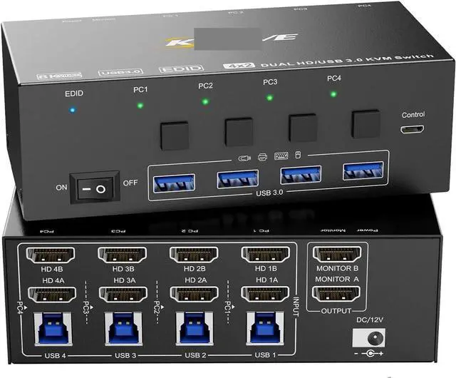 Alt view image 2 of 4 - Ennovor 8K@60Hz KVM Switch 2 Monitors 4 Computers HDMI,USB 3.0 KVM Switcher Box with Emulator for 4 Computers Share Keyboard(with AU Plug)