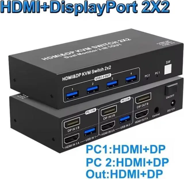 Alt view image 2 of 2 - Ennovor USB 3.0 KVM Switcher Extended Display Dual Monitor HDMI KVM Switch 2x2 4K 60Hz HDMI Displayport for 2 PC Share Mouse Keyboard(HDMI DP 2X2,EU Power Supply)