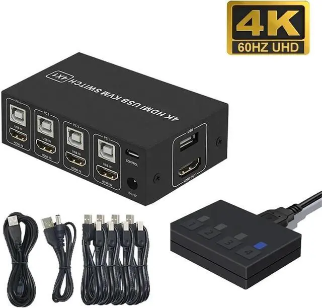 Alt view image 2 of 2 - Ennovor 4K 60hz HDMI KVM Switch 4 in 1 Out 4x1 Switcher for 4 PC Host Share Monitor Mouse Keyboard Camera Printer W/Desktop Controller