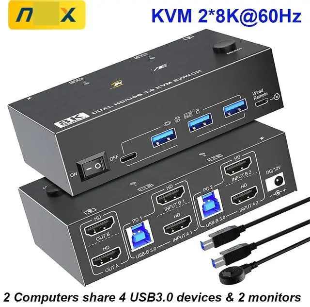 Alt view image 4 of 7 - Ennovor 8K@60Hz KVM Switch 2 HDMI-Compatible USB 3.0 Hub Docking Station Switcher Selector Computers Share Keyboard Monitor Devices