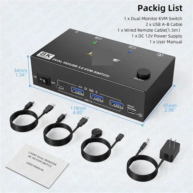 Alt view image 7 of 7 - Ennovor 8K@60Hz KVM Switch 2 HDMI-Compatible USB 3.0 Hub Docking Station Switcher Selector Computers Share Keyboard Monitor Devices