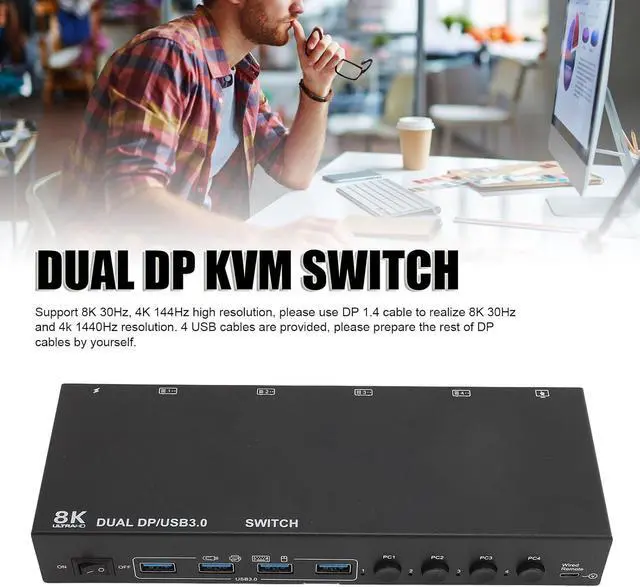 Alt view image 4 of 7 - Ennovor Zunate 4 Computers 2 Displays KVM Switch, 8K30Hz 4K144Hz USB3.0 Switcher with Remote, for Office Conference Teaching (US Plug 100 to 240V)