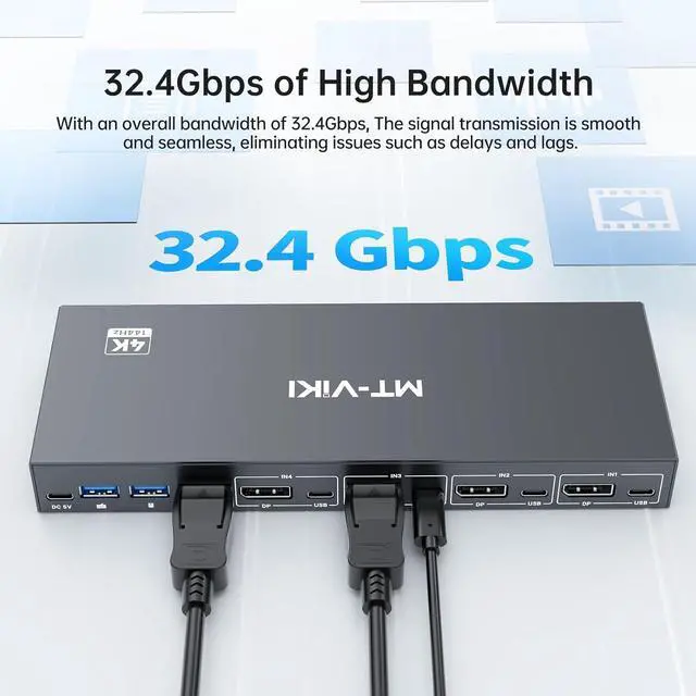 Alt view image 5 of 7 - Ennovor MT-VIKI 8K Displayport KVM Switch 4 in 1 Out DP1.4 with 4 USB 3.0 Ports, Support 8K@60Hz 4K@144Hz Share 1 Monitor Keyboard Mouse U-Disk Printer, with 4 USB A to C Cables