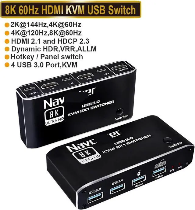 Alt view image 2 of 3 - Ennovor HDMI 2.1 KVM Switch 4K 120Hz HDMI USB 3.0 KVM Switch USB 8K 60Hz 1080@240Hz USB KVM Switcher HDMI with PC 2 Computer 1 Monitor