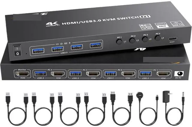 Main image of Ennovor HDMI KVM Switch 4 Computers 4K@60Hz 2K@120Hz, Simulation EDID, 4 Port USB3.0 KVM Switches for 4 PC Share 1 Monitor and Keyboard(US Power Plug)