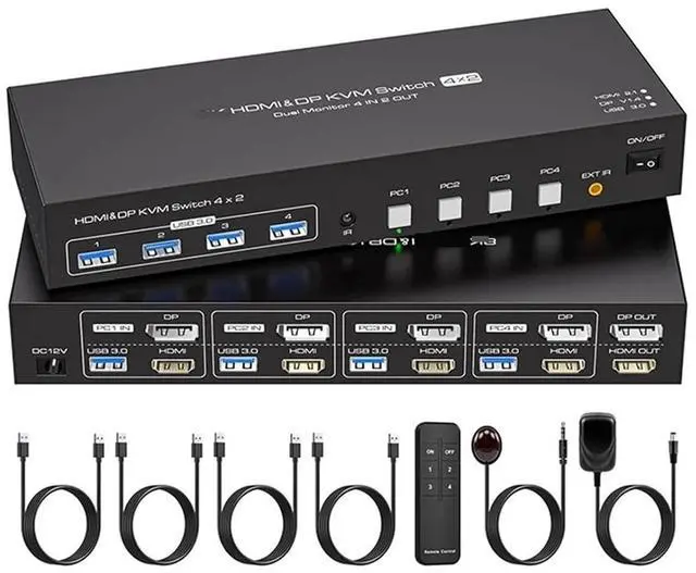 Main image of Ennovor 8K HDMI+Displayport KVM Switch 2 Monitors 4 Computers 4K 144Hz Dual Display 4x2 USB 3.0 KVM Switch for 4 PC Share Keyboard Mouse(US Power Plug)