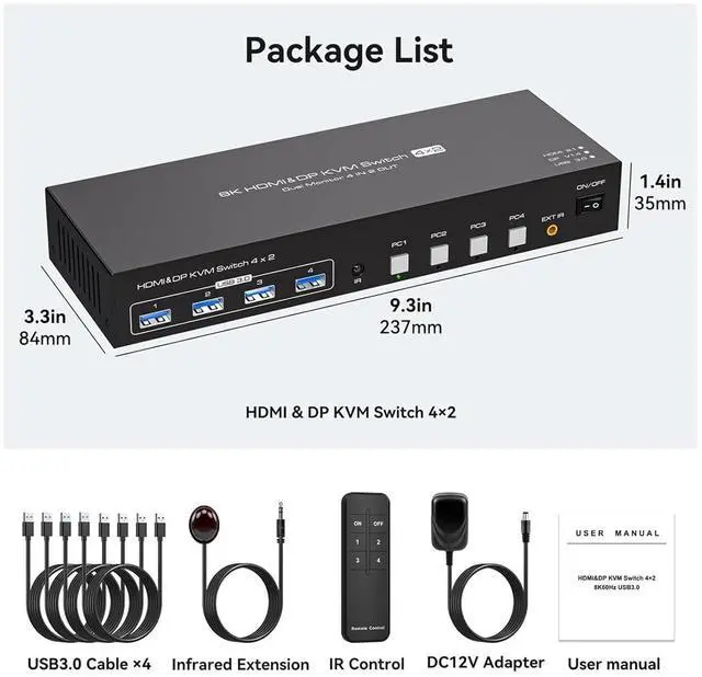 Alt view image 2 of 7 - Ennovor 8K HDMI+Displayport KVM Switch 2 Monitors 4 Computers 4K 144Hz Dual Display 4x2 USB 3.0 KVM Switch for 4 PC Share Keyboard Mouse(US Power Plug)