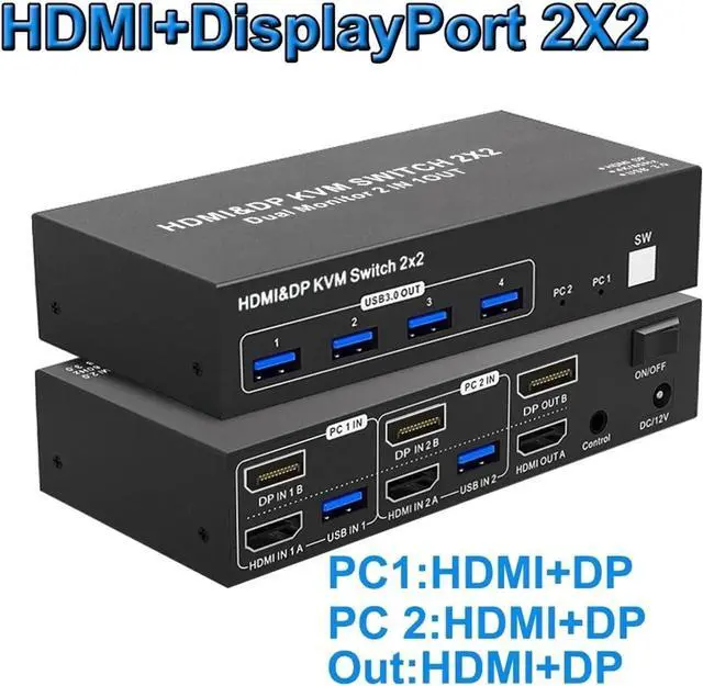 Alt view image 2 of 3 - Ennovor HDMI 2.0 KVM Switch 2X2 HDMI DisplayPort Switcher USB 3.0 Extended Display 4K 60HZ Dual Monitor 2 in 2 Out for Computer(HDMI DP 2X2,USA Power)
