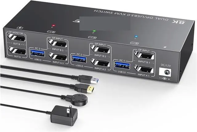 Main image of Ennovor 8K KVM Switch 2/3 Monitors 3 Computers 8K@60Hz 4K@144Hz,Displayport HDMI KVM Switch with 4 USB 3.0 Ports for USB Devices(302DD)