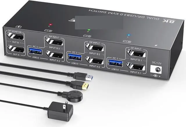 Alt view image 2 of 3 - Ennovor 8K KVM Switch 2/3 Monitors 3 Computers 8K@60Hz 4K@144Hz,Displayport HDMI KVM Switch with 4 USB 3.0 Ports for USB Devices(302DD)